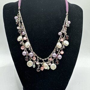 Avon SH Purple Pink Faux Pearls Bead 2 Strand Silver Tone Chain Necklace 15”3”ex